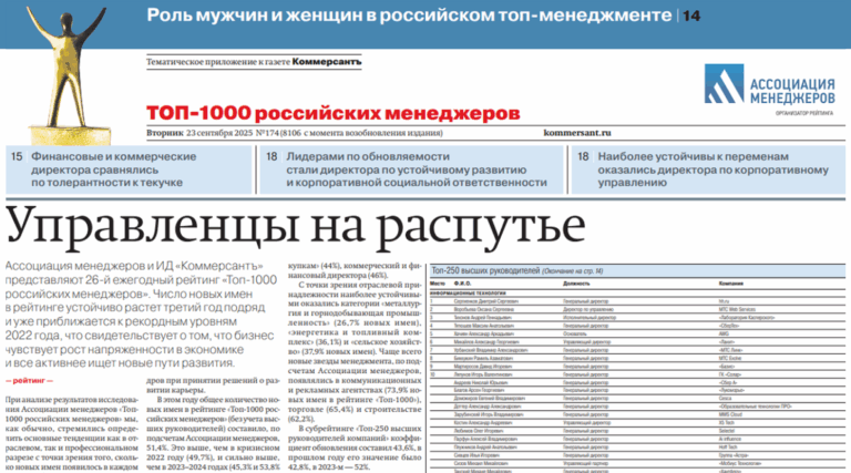 «Коммерсантъ» составил новый рейтинг ТОП-1000 российских менеджеров, в том числе в сфере строительства