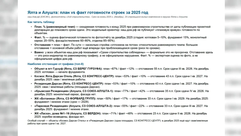 в Ялте и Алуште уже на конец 2025-го был зафиксирован заметный разрыв между «плановой» и фактической готовностью жилых комплексов