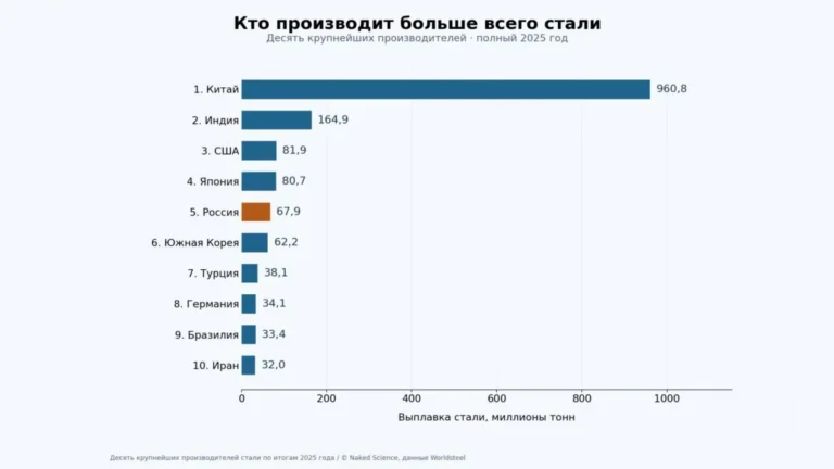 Россия сохранила пятое место в мире по производству стали, а Китай по-прежнему выпускает больше половины мирового объёма