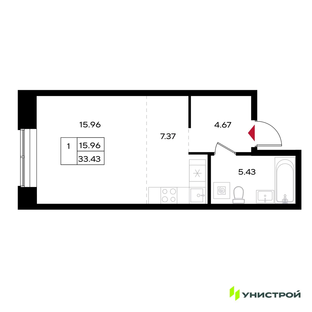 Планировка 1-комн. квартира, 33.43 м² ЖК «Уникум на Энгельса»