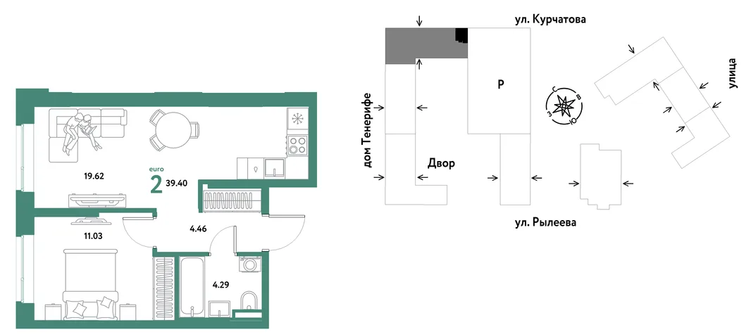 Квартира 2-комн. квартира, 39.4 м² ЖК «Остров-сад» Фото 1