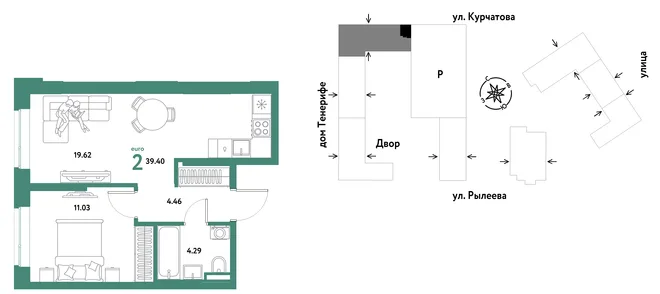 Квартира 2-комн. квартира, 39.4 м² ЖК «Остров-сад» Фото 1 Квартира 2-комн. квартира, 39.4 м² ЖК «Остров-сад» Фото 1