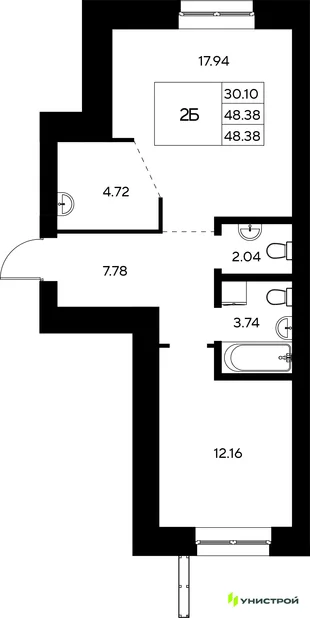 Планировка 2-комн. квартира, 48.38 м² ЖК «Царёво City»