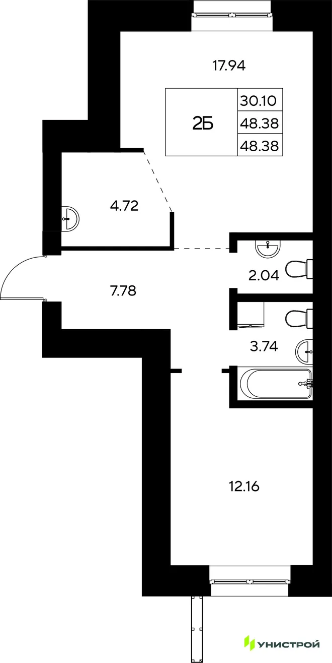 Планировка 2-комн. квартира, 48.38 м² ЖК «Царёво City»
