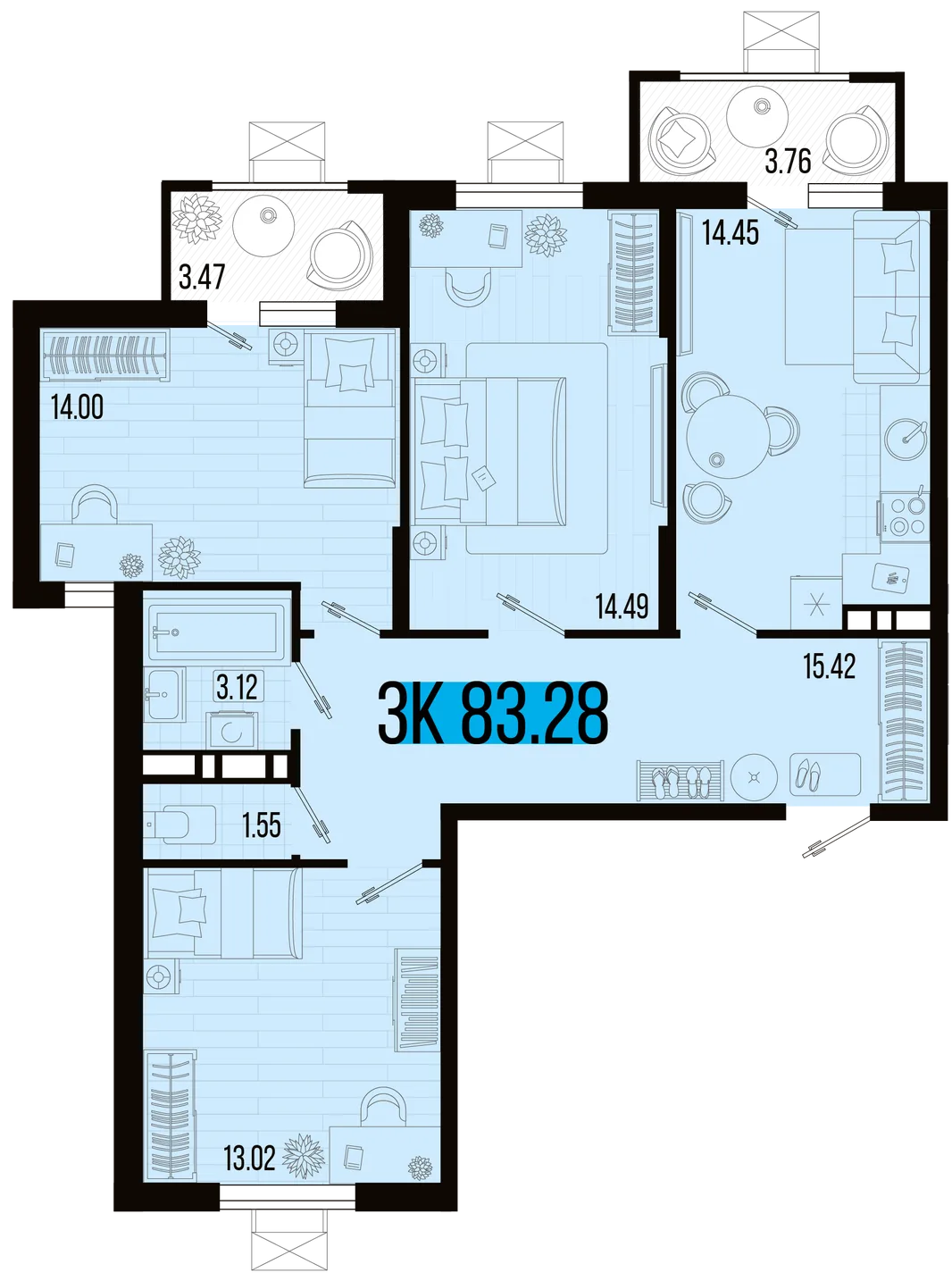 Планировка 3-комн. квартира, 79.66 м² ЖК «Цветной бульвар»