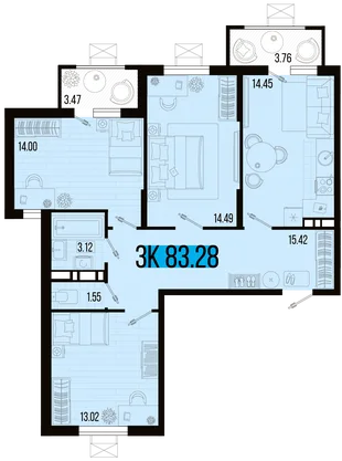 Планировка 3-комн. квартира, 79.66 м² ЖК «Цветной бульвар»