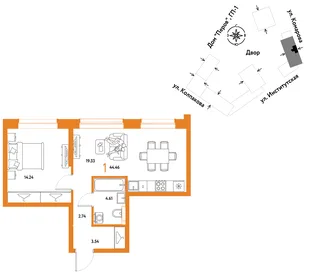 Планировка 1-комн. квартира, 44.46 м² ЖК «Страна.Парковая»