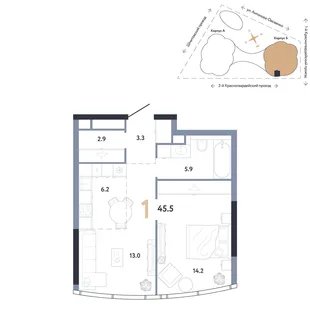 Планировка 1-комн. квартира, 45.5 м² ЖК «АУРУС Резиденции»