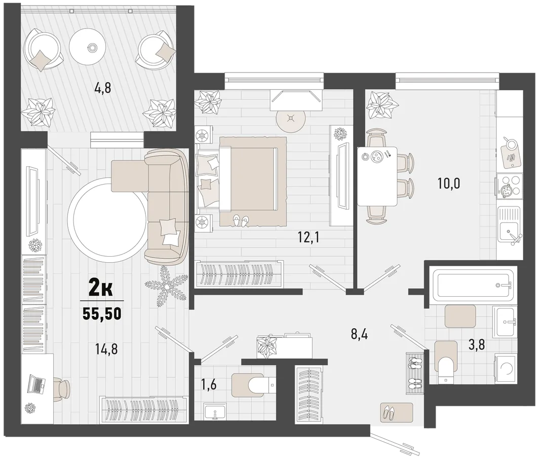 Планировка 2-комн. квартира, 55.5 м² ЖК «Барса»