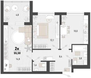 Планировка 2-комн. квартира, 55.5 м² ЖК «Барса»