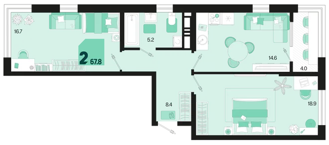 Планировка 2-комн. квартира, 67.8 м² ЖК «Первое место» Планировка 2-комн. квартира, 67.8 м² ЖК «Первое место»