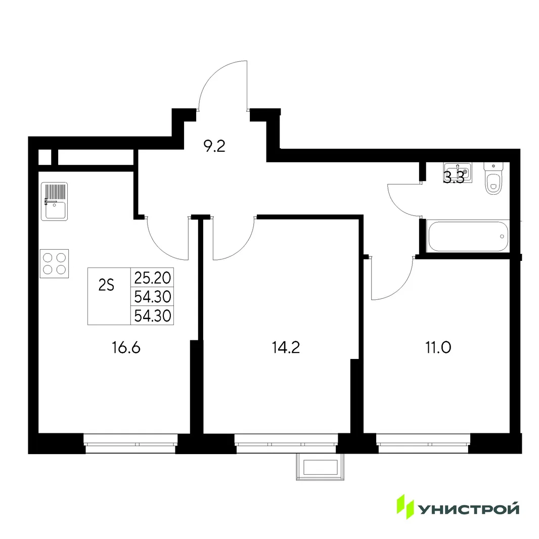 Планировка 2-комн. квартира, 54.3 м² ЖК «Стадиум»