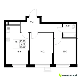 Планировка 2-комн. квартира, 54.3 м² ЖК «Стадиум»