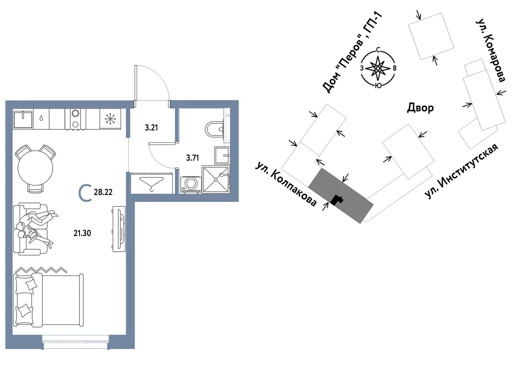 Планировка Студия, 28.22 м² ЖК «Страна.Парковая»