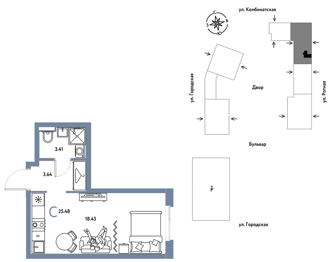 Планировка Студия, 25.48 м² ЖК «Уральский сад»