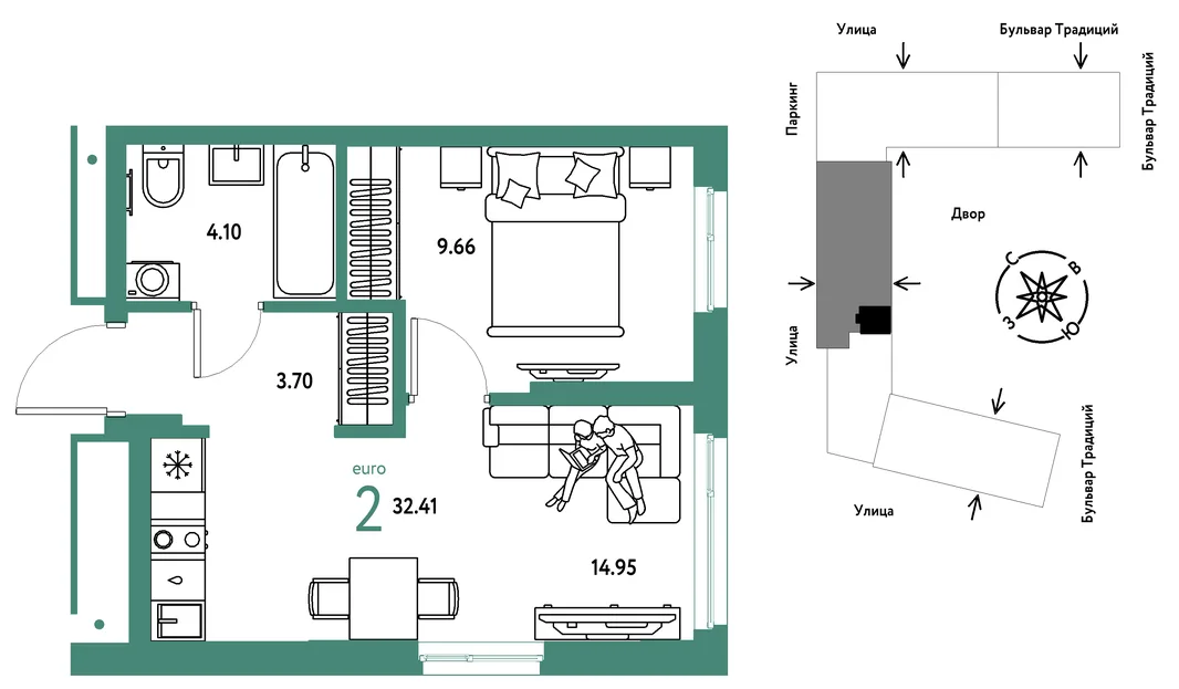 Планировка 2-комн. квартира, 32.41 м² ЖК «Микрорайон Домашний»