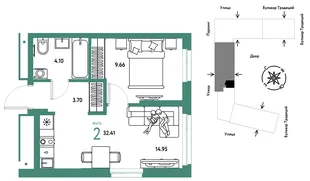 Планировка 2-комн. квартира, 32.41 м² ЖК «Микрорайон Домашний»
