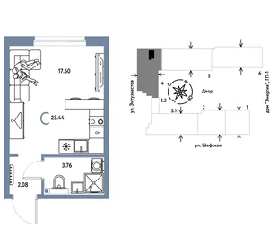 Планировка Студия, 23.44 м² ЖК «Страна.Энтузиастов»