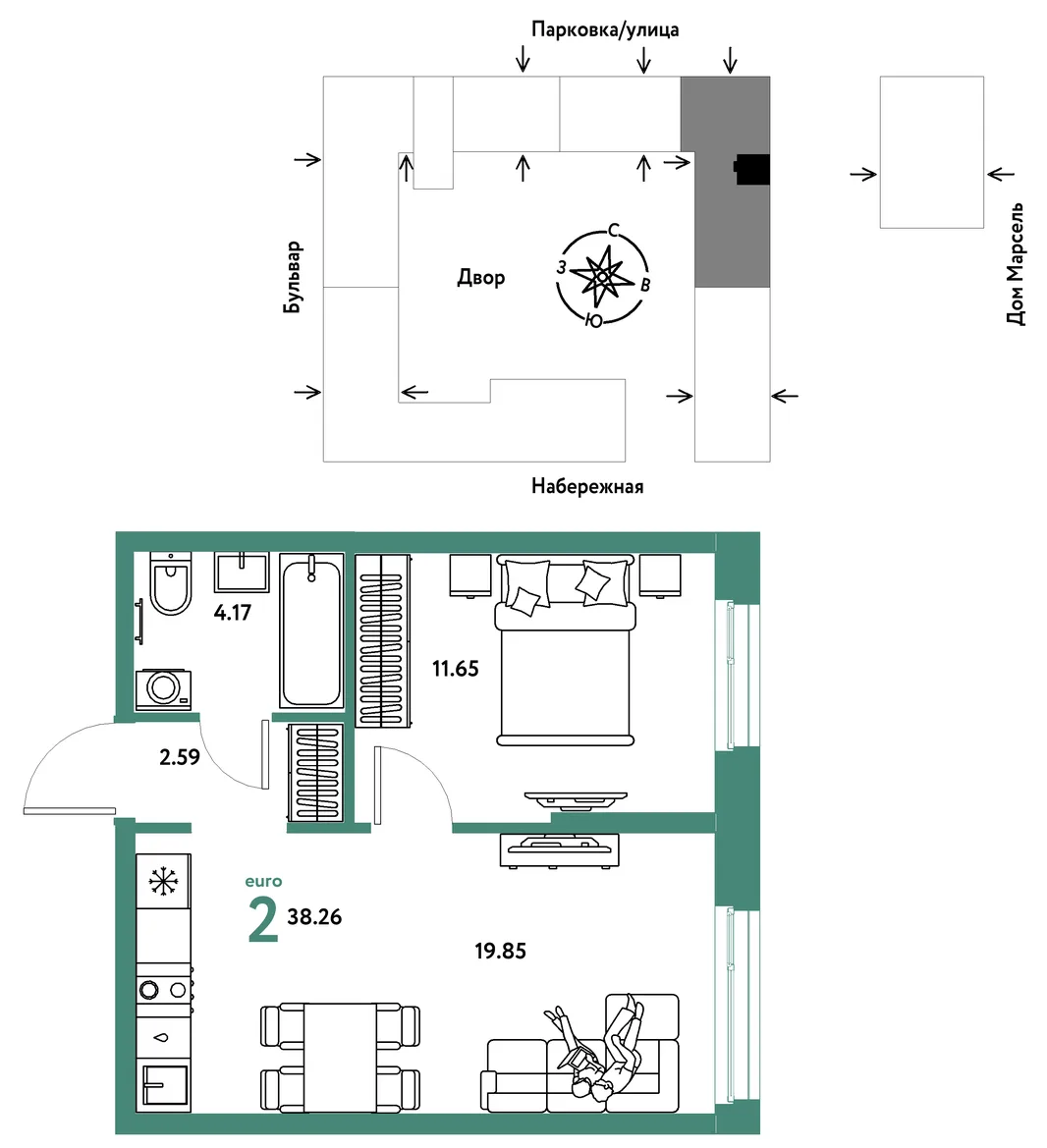 Планировка 2-комн. квартира, 38.26 м² ЖК «Европейский берег 2.0»