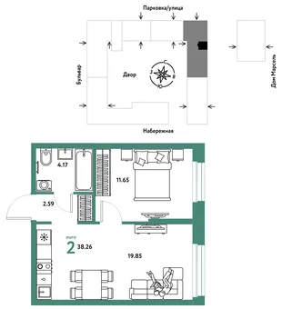 Планировка 2-комн. квартира, 38.26 м² ЖК «Европейский берег 2.0»