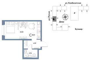 Планировка Студия, 28.47 м² ЖК «Уральский сад»