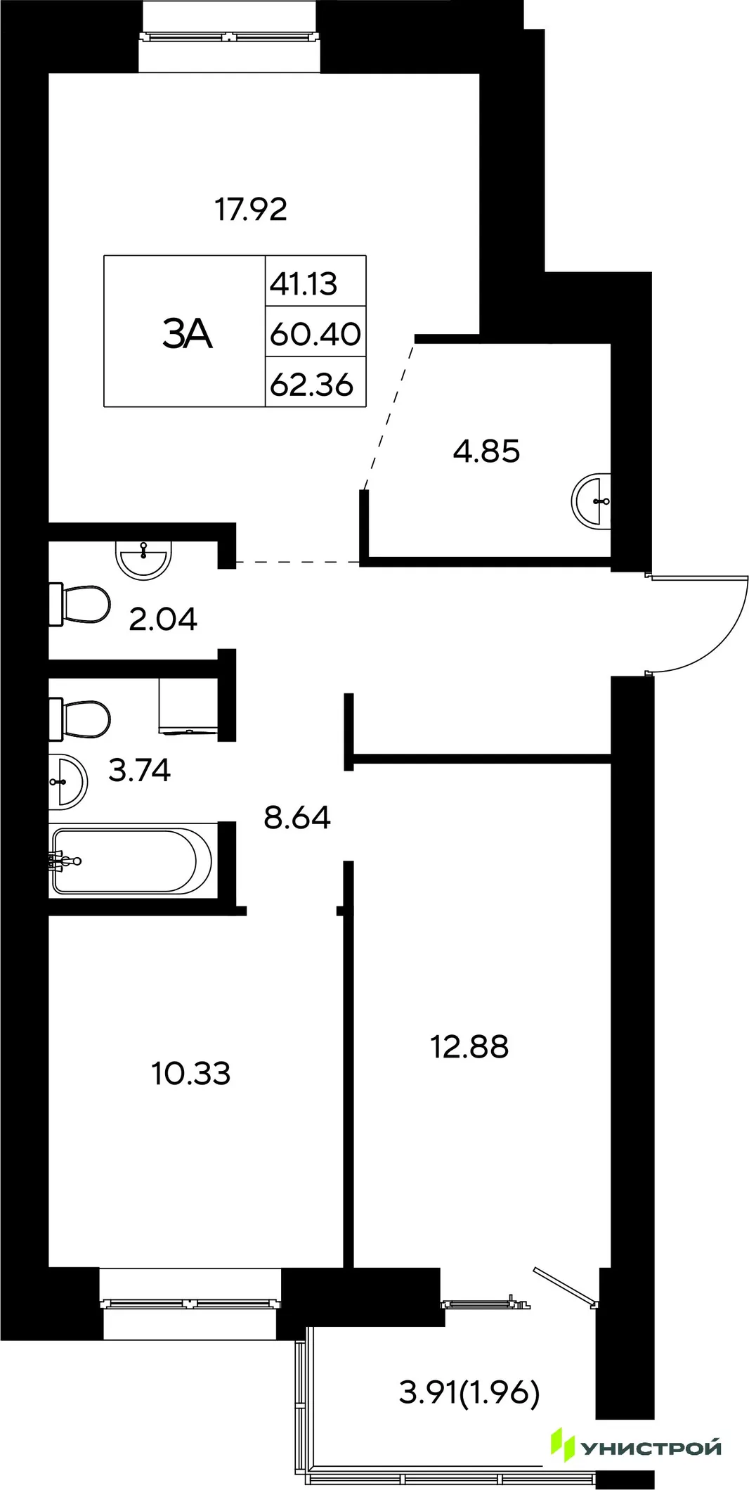 Планировка 3-комн. квартира, 62.36 м² ЖК «Царёво City»