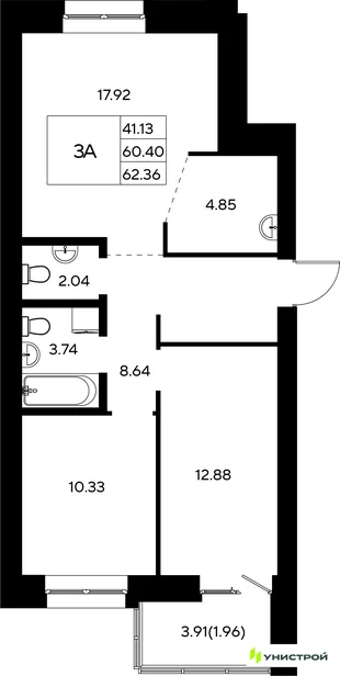 Планировка 3-комн. квартира, 62.36 м² ЖК «Царёво City»