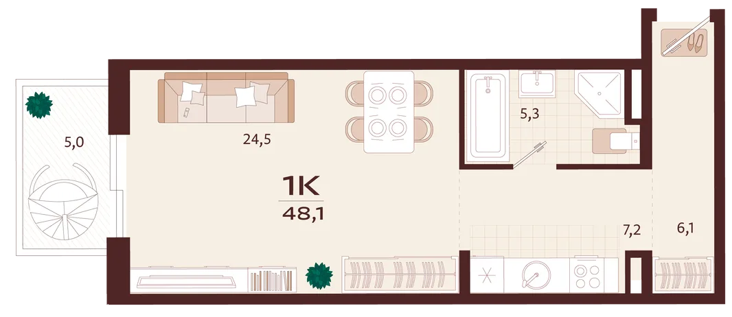 Планировка 1-комн. квартира, 48.1 м² ЖК «Роялта»