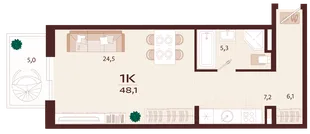Планировка 1-комн. квартира, 48.1 м² ЖК «Роялта»