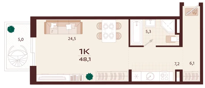 Планировка 1-комн. квартира, 48.1 м² ЖК «Роялта» Планировка 1-комн. квартира, 48.1 м² ЖК «Роялта»