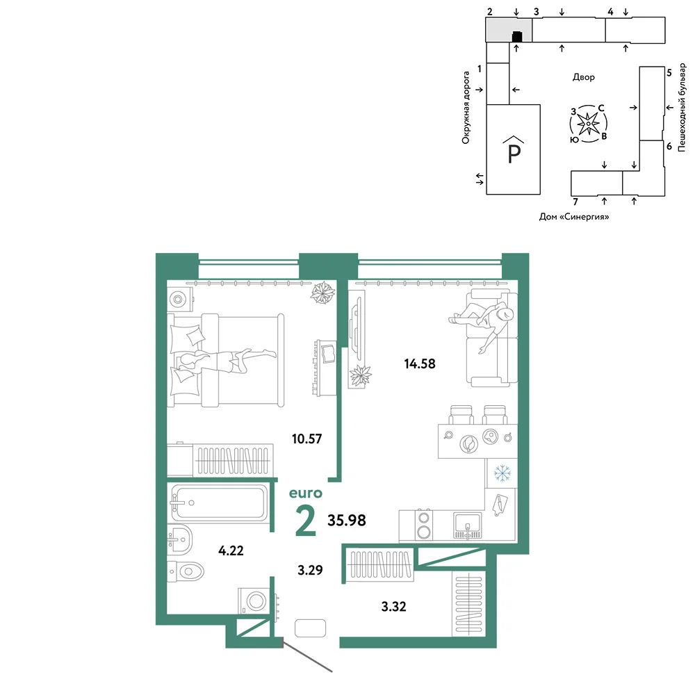 Планировка 2-комн. квартира, 35.98 м² ЖК «Юнион»
