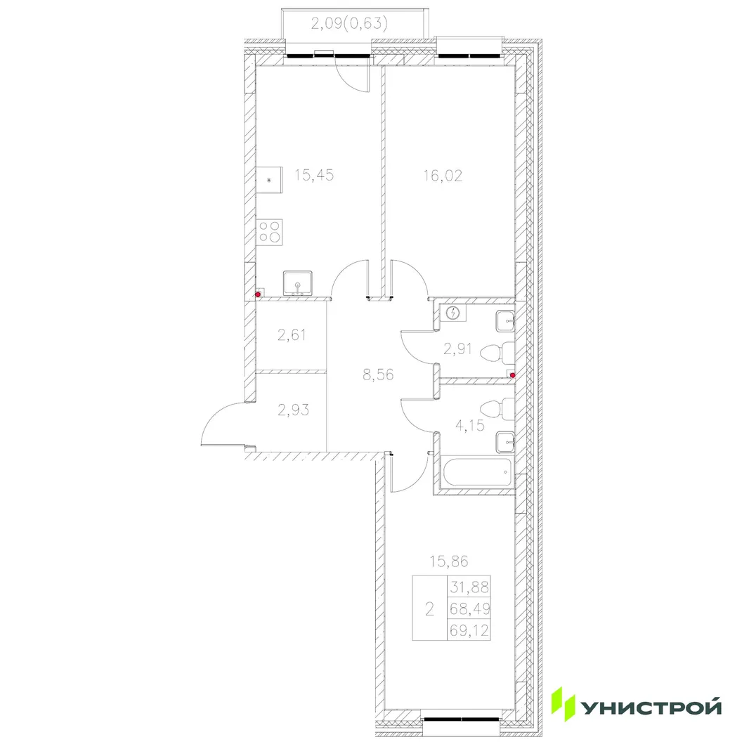 Планировка 2-комн. квартира, 69.12 м² ЖК «Statum»