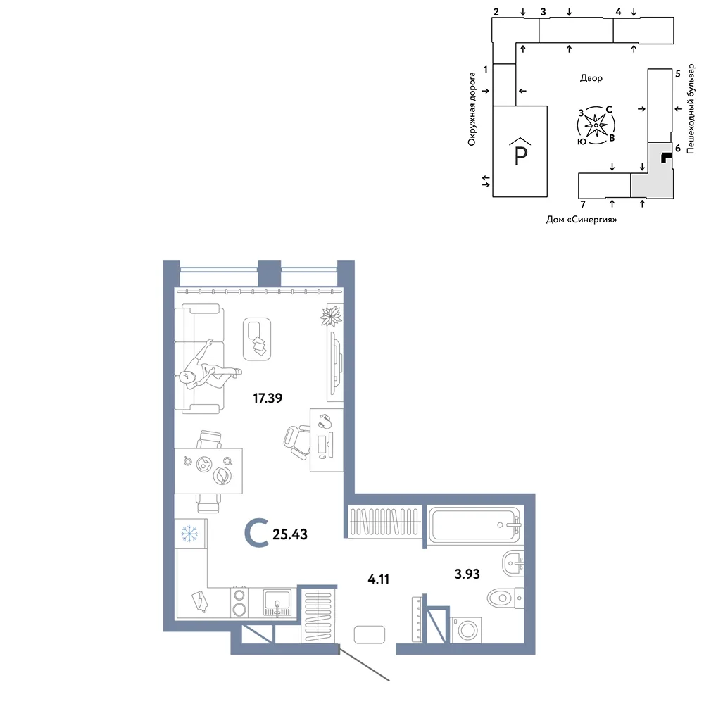 Планировка Студия, 25.43 м² ЖК «Юнион»