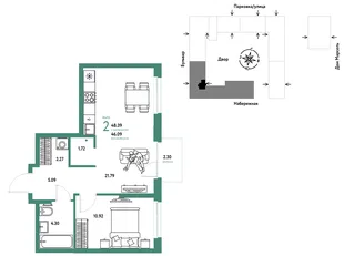 Планировка 2-комн. квартира, 48.39 м² ЖК «Европейский берег 2.0»