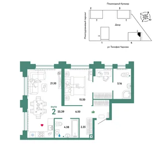 Планировка 2-комн. квартира, 55.39 м² ЖК «Микрорайон Звездный»