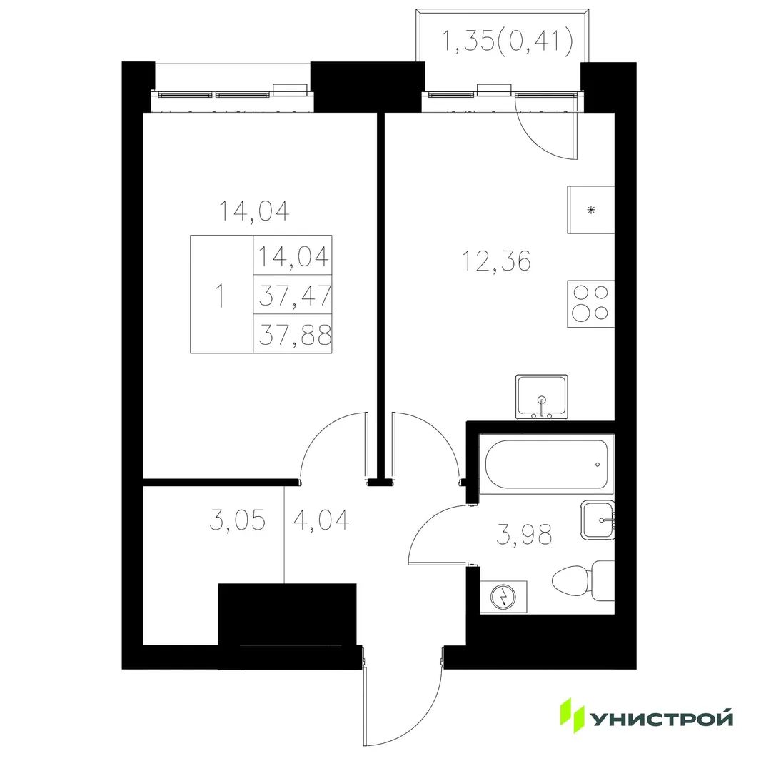 Планировка 1-комн. квартира, 37.88 м² ЖК «Statum»