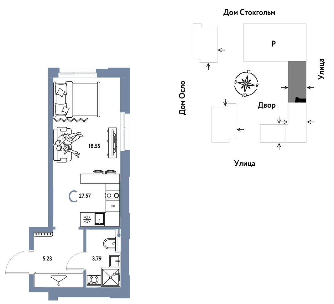 Планировка Студия, 27.57 м² ЖК «Европейский берег 2.0»