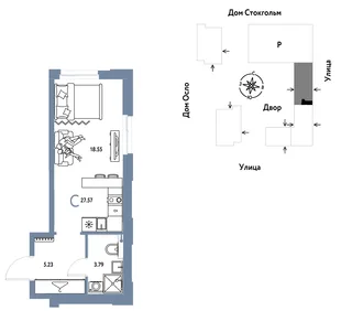 Планировка Студия, 27.57 м² ЖК «Европейский берег 2.0»