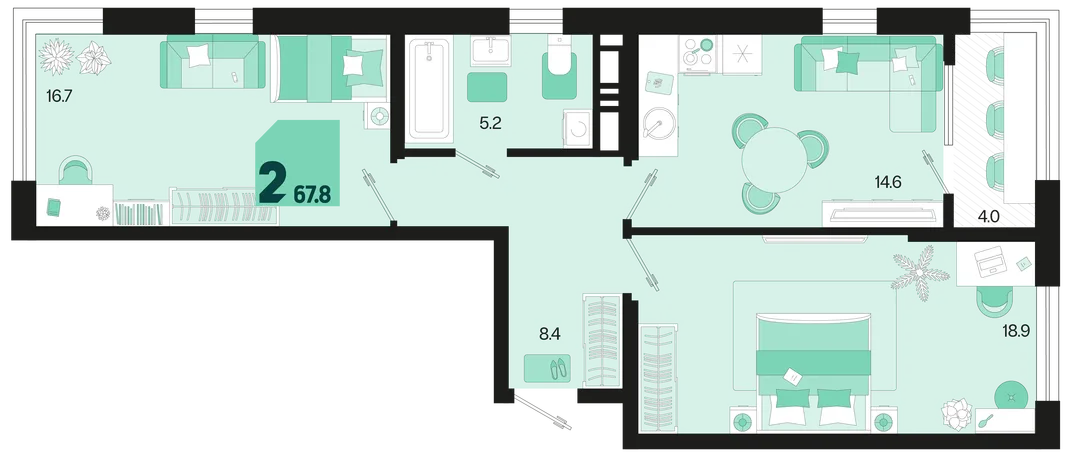 Планировка 2-комн. квартира, 67.8 м² ЖК «Первое место»