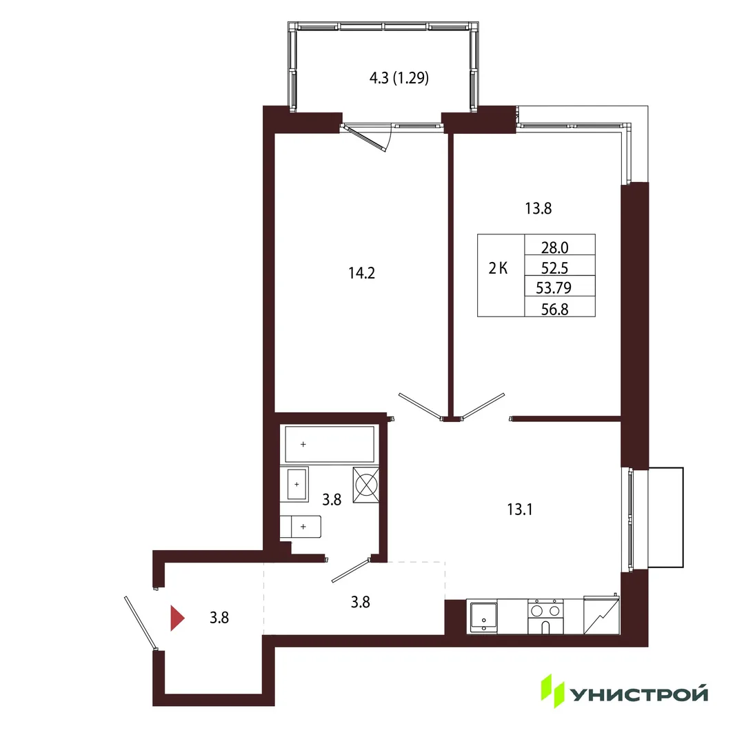 Планировка 2-комн. квартира, 53.79 м² ЖК «Лисино»