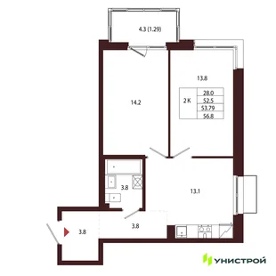 Планировка 2-комн. квартира, 53.79 м² ЖК «Лисино»