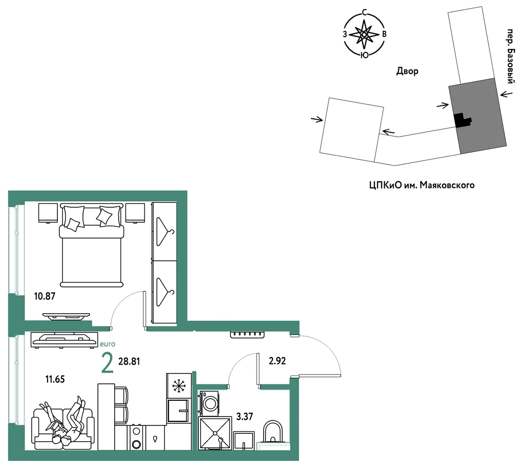 Планировка 2-комн. квартира, 28.81 м² ЖК «Сибирский сад»