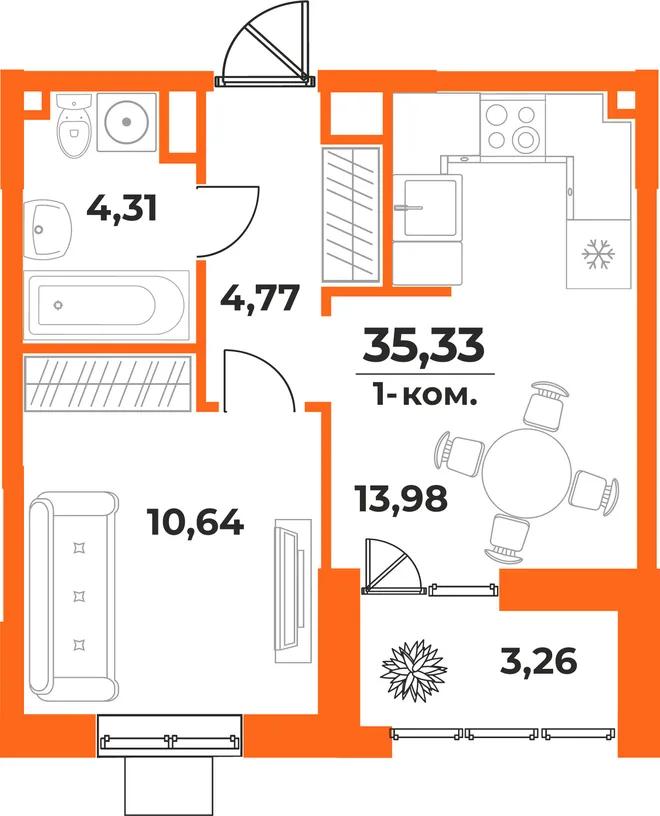 Планировка 1-комн. квартира, 35.33 м² ЖК «Живописный сад» Планировка 1-комн. квартира, 35.33 м² ЖК «Живописный сад»