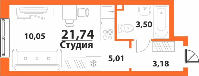 Планировка Студия, 21.74 м² ЖК «Аквамарин 2»