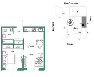Планировка 2-комн. квартира, 40.38 м² ЖК «Европейский берег 2.0»