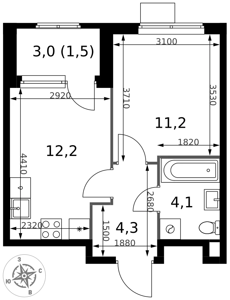 Планировка 1-комн. квартира, 33.3 м² ЖК «1-й Химкинский»