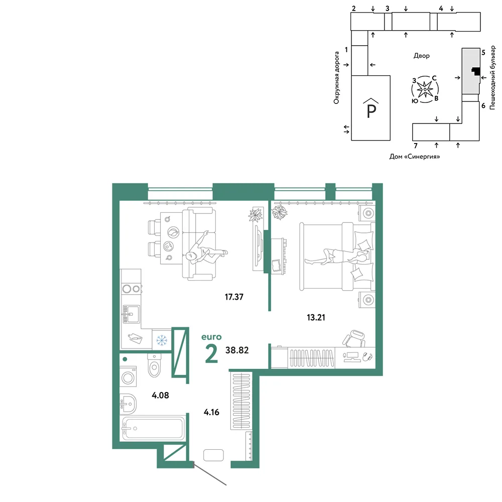 Планировка 2-комн. квартира, 38.82 м² ЖК «Юнион»