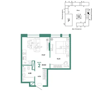 Планировка 2-комн. квартира, 38.82 м² ЖК «Юнион»