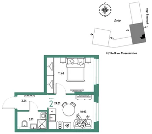 Планировка 2-комн. квартира, 29.51 м² ЖК «Сибирский сад»