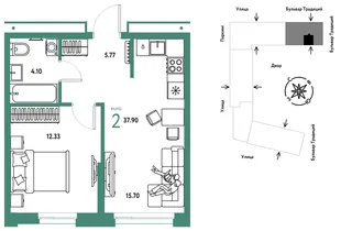 Планировка 2-комн. квартира, 37.9 м² ЖК «Микрорайон Домашний»